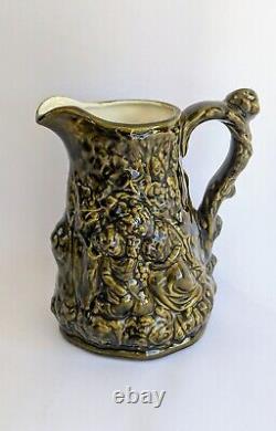 Vintage Majolica Pitcher Green Cherubs Milk Water Brown Victorian Mug 7 Tall