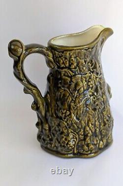 Vintage Majolica Pitcher Green Cherubs Milk Water Brown Victorian Mug 7 Tall