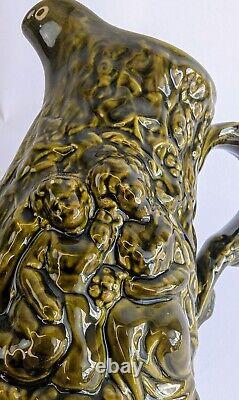 Vintage Majolica Pitcher Green Cherubs Milk Water Brown Victorian Mug 7 Tall