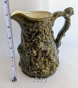 Vintage Majolica Pitcher Green Cherubs Milk Water Brown Victorian Mug 7 Tall