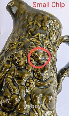 Vintage Majolica Pitcher Green Cherubs Milk Water Brown Victorian Mug 7 Tall