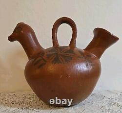 Vintage Mexican Redware Bird Duck Hand Painted Handled Water Jug Pitcher