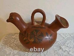 Vintage Mexican Redware Bird Duck Hand Painted Handled Water Jug Pitcher