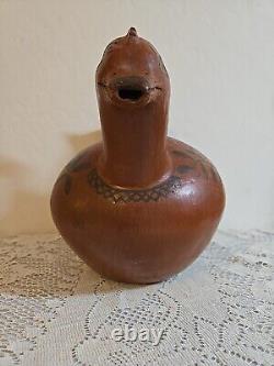 Vintage Mexican Redware Bird Duck Hand Painted Handled Water Jug Pitcher