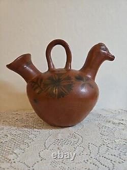 Vintage Mexican Redware Bird Duck Hand Painted Handled Water Jug Pitcher