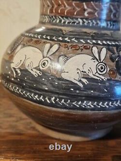 Vintage Mexican Tonala Water Pitcher Jug Rabbit Design Mexico Burnished Pottery