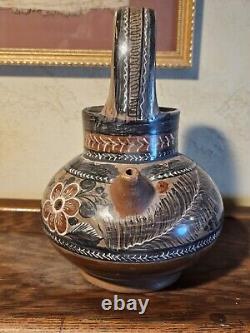 Vintage Mexican Tonala Water Pitcher Jug Rabbit Design Mexico Burnished Pottery