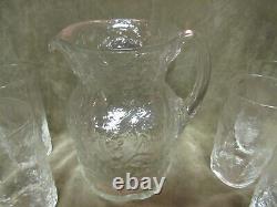 Vintage Morgantown Glass Clear Crinkle Pattern Water Jug Pitcher and 8 tumblers