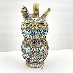 Vintage Moroccan Arabian Metal Inlaid Filigree Hand Painted Water Vessel Pot Jug