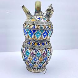 Vintage Moroccan Arabian Metal Inlaid Filigree Hand Painted Water Vessel Pot Jug