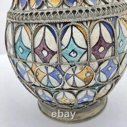 Vintage Moroccan Arabian Metal Inlaid Filigree Hand Painted Water Vessel Pot Jug