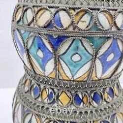 Vintage Moroccan Arabian Metal Inlaid Filigree Hand Painted Water Vessel Pot Jug