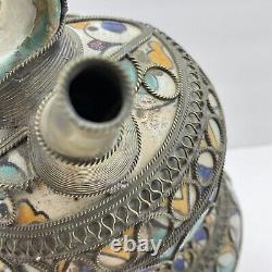 Vintage Moroccan Arabian Metal Inlaid Filigree Hand Painted Water Vessel Pot Jug
