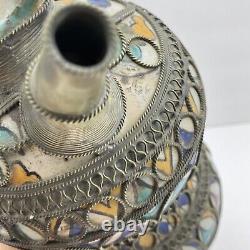 Vintage Moroccan Arabian Metal Inlaid Filigree Hand Painted Water Vessel Pot Jug