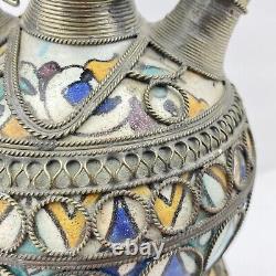 Vintage Moroccan Arabian Metal Inlaid Filigree Hand Painted Water Vessel Pot Jug