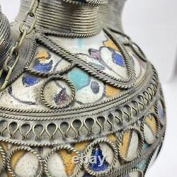 Vintage Moroccan Arabian Metal Inlaid Filigree Hand Painted Water Vessel Pot Jug