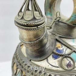 Vintage Moroccan Arabian Metal Inlaid Filigree Hand Painted Water Vessel Pot Jug