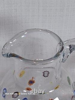 Vintage Murano Glass Pitcher Water Jug Crystal Clear with Scattered Millefiori