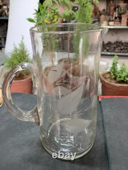 Vintage Old Lead Pattern Etched Clear Glass Water Jug Kitchenware Pitcher Jug