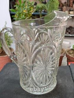 Vintage Rare Leaf Pattern Embossed Clear Glass Water Jug Kitchenware Pitcher Cup