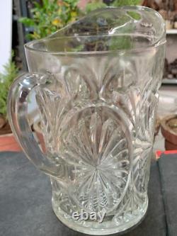 Vintage Rare Leaf Pattern Embossed Clear Glass Water Jug Kitchenware Pitcher Cup