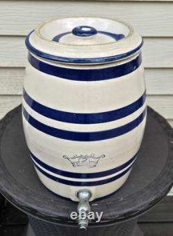 Vintage Roseville Robinson 2 Gallon Crock Water Cooler With Lid Blue Stripes