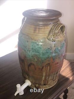 Vintage Stoneware Pottery Water Dispenser Cooler with Handles and Lid Drip Glaze