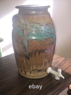 Vintage Stoneware Pottery Water Dispenser Cooler with Handles and Lid Drip Glaze