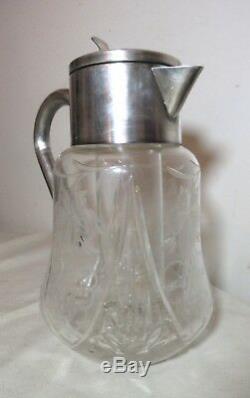 Vintage antique ASCI silverplate cut crystal water pitcher ice chamber decanter