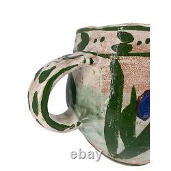 Vintage majolica floral terra cotta water pitcher, large handpainted, signed stu