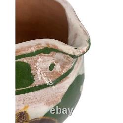 Vintage majolica floral terra cotta water pitcher, large handpainted, signed stu