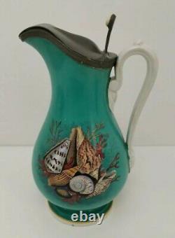 Vtg 1890s Prattware & Pewter Pottery Turquoise Sea Shells Ale Water Jug Pitcher