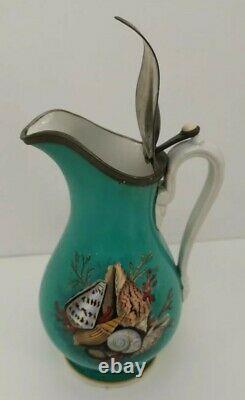Vtg 1890s Prattware & Pewter Pottery Turquoise Sea Shells Ale Water Jug Pitcher