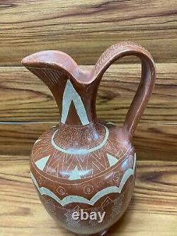 Vtg Hand Painted Mexican Clay Tonala Pottery Folk Art 13 Water Pitcher Jug BIG