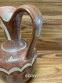 Vtg Hand Painted Mexican Clay Tonala Pottery Folk Art 13 Water Pitcher Jug BIG