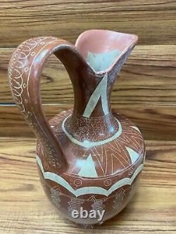 Vtg Hand Painted Mexican Clay Tonala Pottery Folk Art 13 Water Pitcher Jug BIG