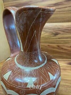 Vtg Hand Painted Mexican Clay Tonala Pottery Folk Art 13 Water Pitcher Jug BIG