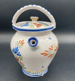 Vtg Henriot Quimper Puzzle Pot Handled Water Jug Pitcher Lid French Faience Man