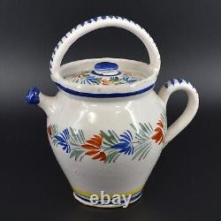 Vtg Henriot Quimper Puzzle Pot Handled Water Jug Pitcher Lid French Faience Man