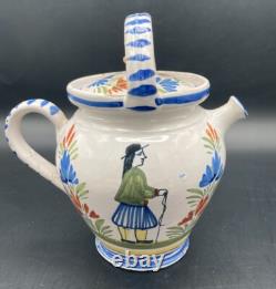 Vtg Henriot Quimper Puzzle Pot Handled Water Jug Pitcher Lid French Faience Man