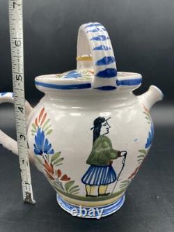 Vtg Henriot Quimper Puzzle Pot Handled Water Jug Pitcher Lid French Faience Man