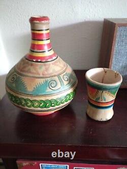 Vtg Mexican Vase Pottery Jug Water Pitcher Vessel Hand Painted with Cracked Cup