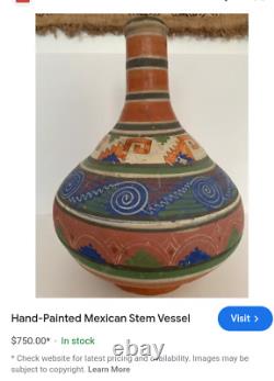 Vtg Mexican Vase Pottery Jug Water Pitcher Vessel Hand Painted with Cracked Cup