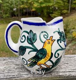 Vtg Spain Spanish Ceramic Water Pitcher Jug Art Pottery Hand Painted Flower Bird