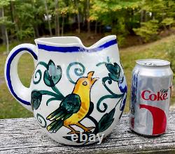 Vtg Spain Spanish Ceramic Water Pitcher Jug Art Pottery Hand Painted Flower Bird