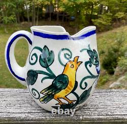 Vtg Spain Spanish Ceramic Water Pitcher Jug Art Pottery Hand Painted Flower Bird