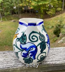 Vtg Spain Spanish Ceramic Water Pitcher Jug Art Pottery Hand Painted Flower Bird