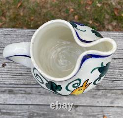 Vtg Spain Spanish Ceramic Water Pitcher Jug Art Pottery Hand Painted Flower Bird