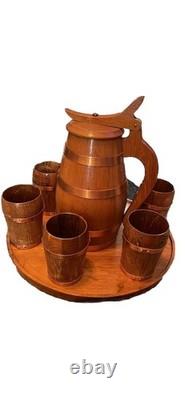 Wooden jug barrel jug water jug wooden cups set7 pieces 1xjug 6xcup VINTAGE