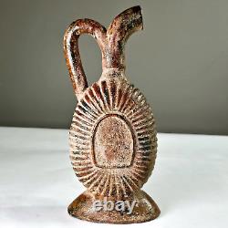 Ancienne cruche en terre cuite avec anse, pichet rustique usé, décor marron, 10,5 pouces